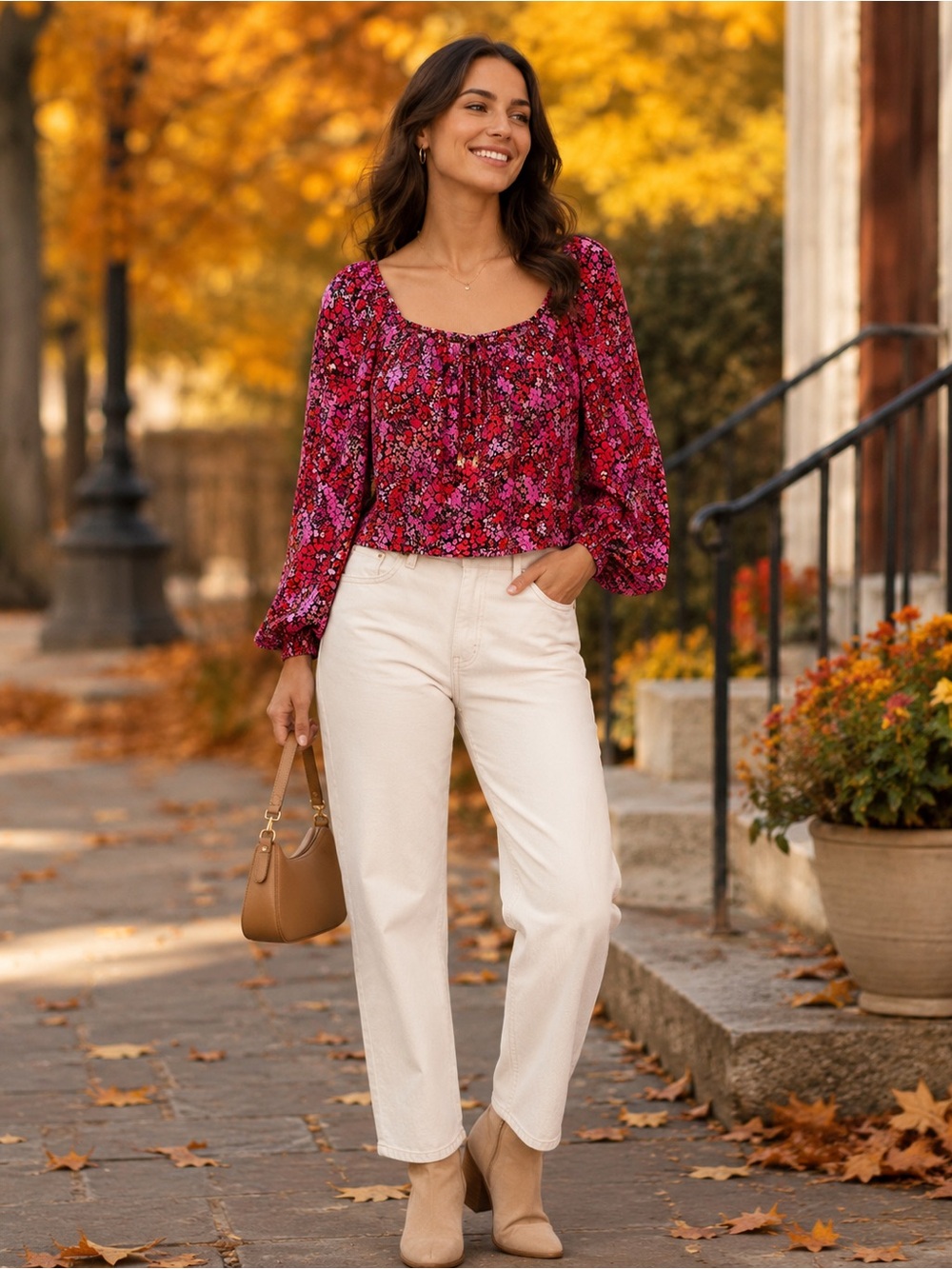 MICHAEL Michael Kors Womenโs XS Floral Peasant Blouse Pink Red Long Sleeve
